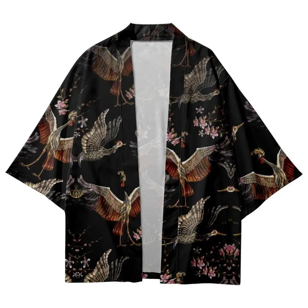 Summer Men Women Looser Cardigan Cartoon Floral Crane Printed Japanese Kimono Beach Shorts Yukata Clothing Harajuku Haori