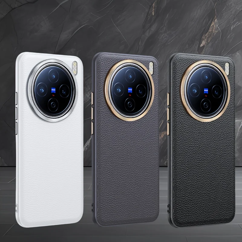Фото Caase для VIVO X200 X100 Pro ультра роскошный кожаный металлический чехол с кольцом для объектива личи для VIVO X200Pro MINI противоударный бампер №2