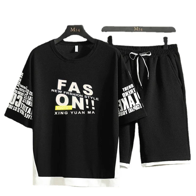 

Костюм с коротким рукавом и принтом алфавита для мужчин, новинка, спортивный мужской студенческий дышащий костюм для отдыха с коротким рука...