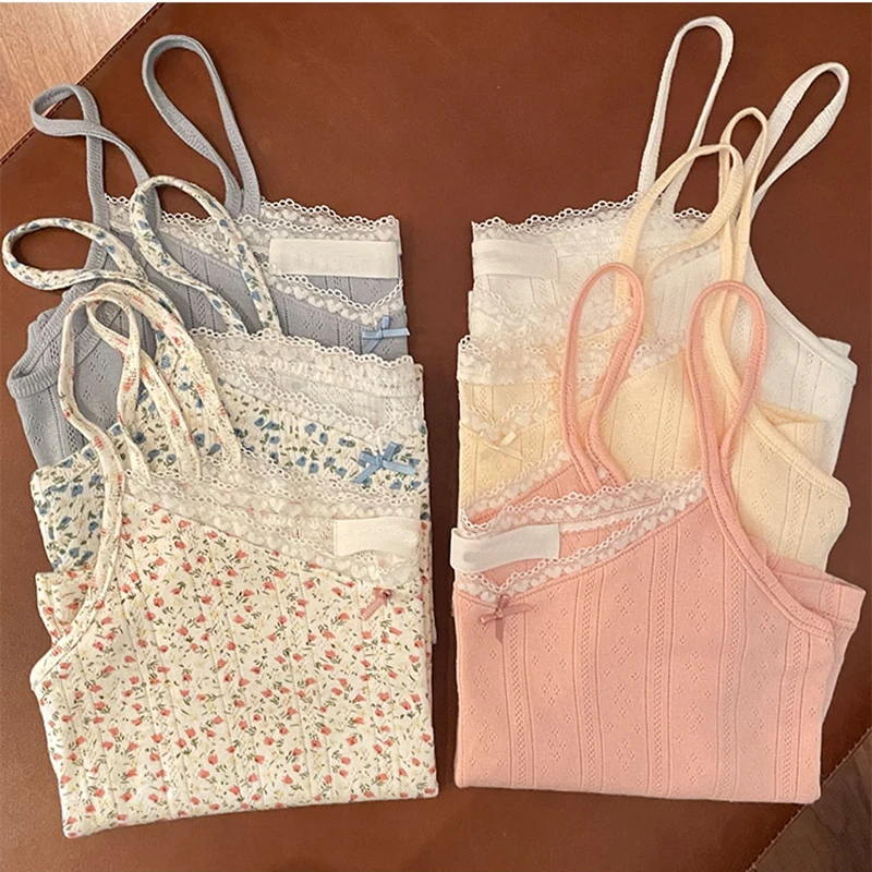 Женский топ с кружевной отделкой милый летний цветочным рисунком и бантом |