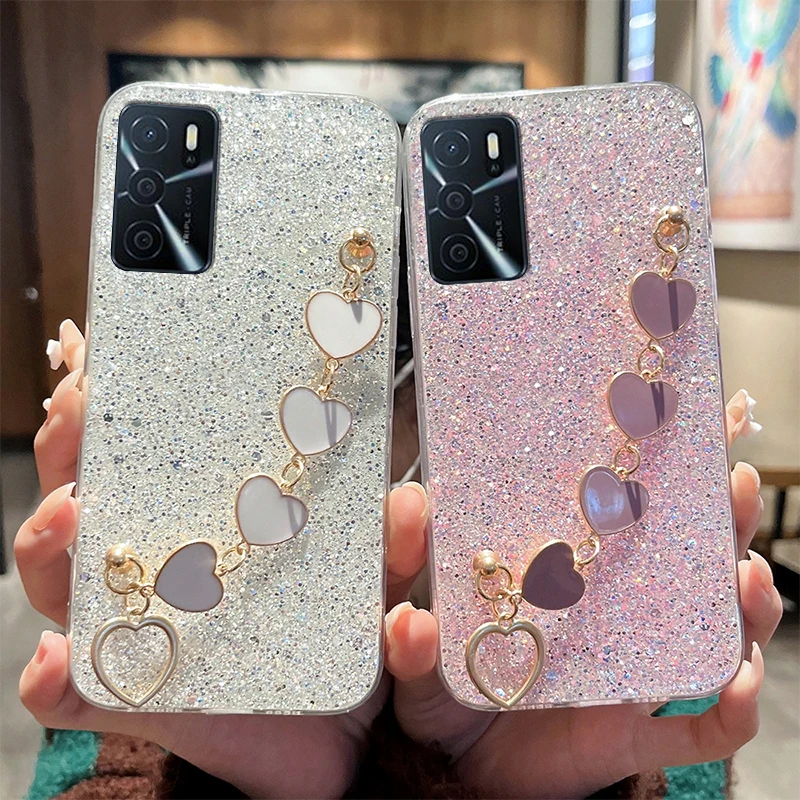 

Luxury Transparent Love Heart Bracelet Phone Case For OPPO A17 A16 A5 A9 A15 A52 A36 A54 A76 A74 A96 Reno7 Soft Back Chain Cover
