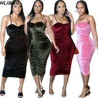 hljgg sexy thin strap ruched mid dresses women sleeveless bodycon soild color dress elegant lady party club vestidos clothing