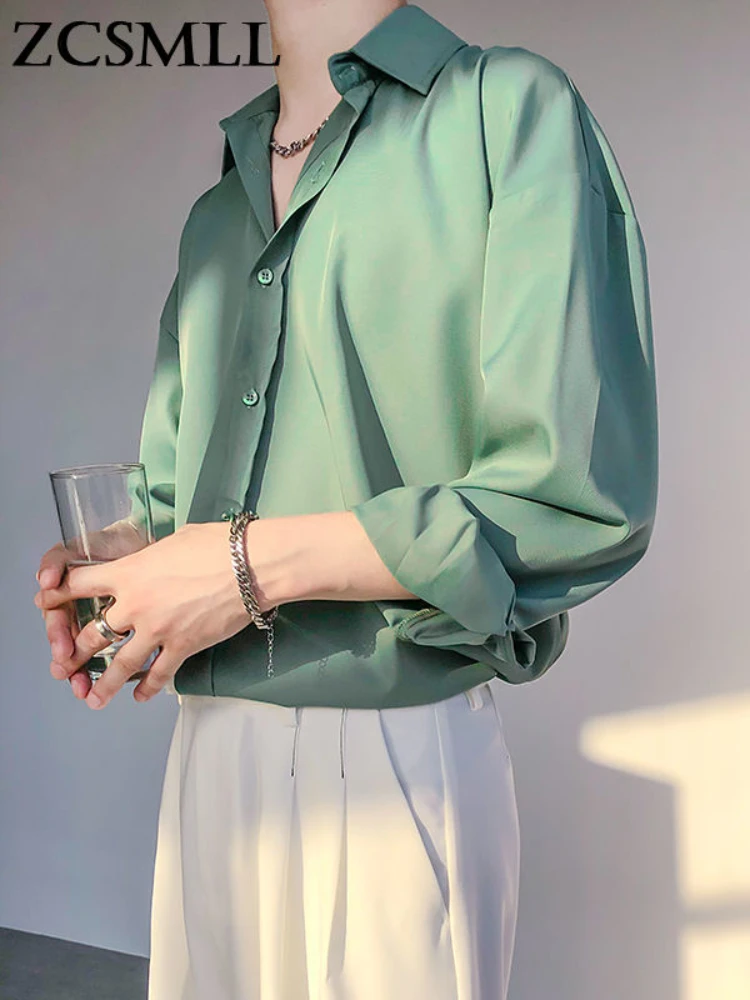 ZCSMLL S-3XL Lapel Men's Shirt Black Green Korean Fashion Chic Long Sleeve Shirts Loose Casual Single Breasted Tops 2022 L641