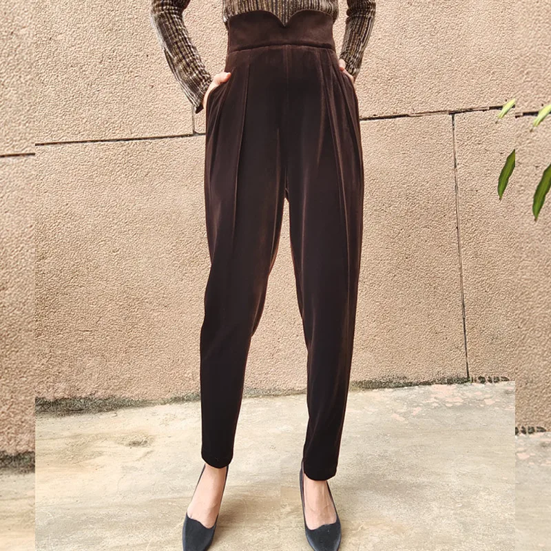 

Women Velvet Harem Pants Autumn High Waist Loose Straight Leg Pants Winter Thick Trousers Black Vintage Office Lady Velour Pants