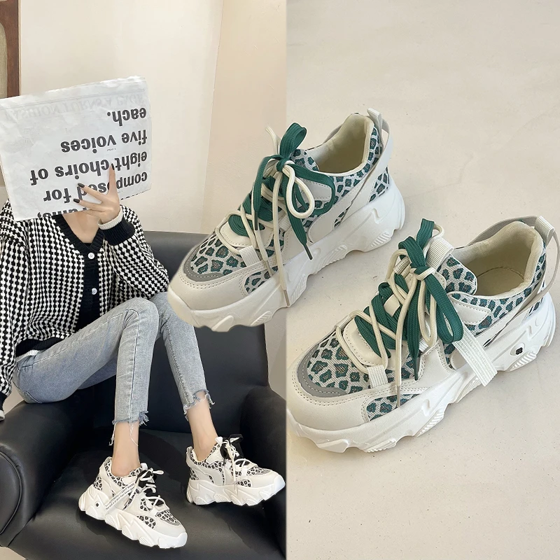

Women's Sneakers Korean Style Ulzzang Leopard Print Low Top Platform Travel Gym Sports Shoes Height Increase Black Lace-ups
