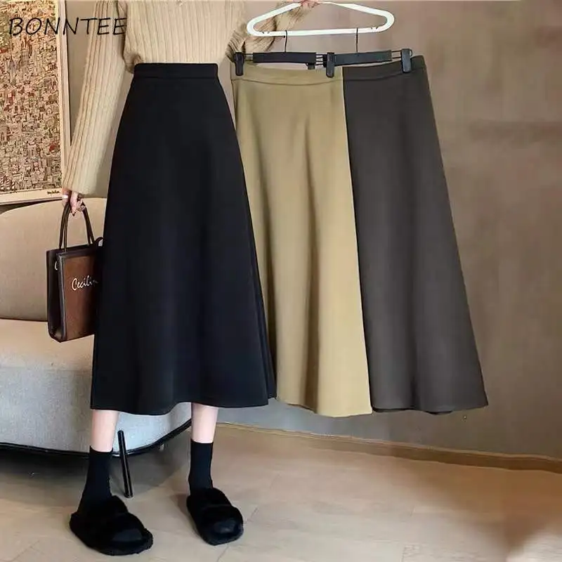 

3 Colors Midi Skirts Women A-line Pure Vintage Autumn Korean Style Clothing Casual High Waist Retro Faldas Largas Elegant Design