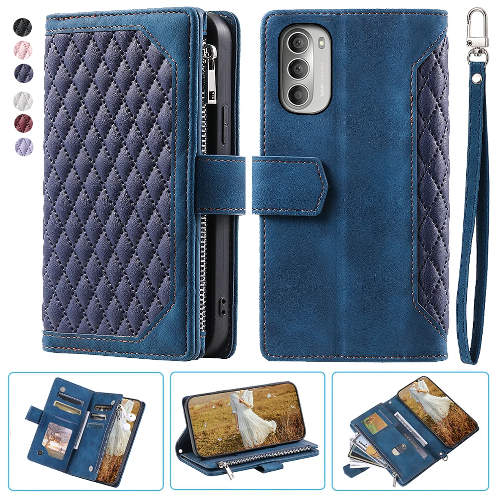

For MOTO G51 5G Fashion Small Fragrance Zipper Wallet Leather Case Flip Cover Multi Card Slots Cover Folio with Wrist Strap