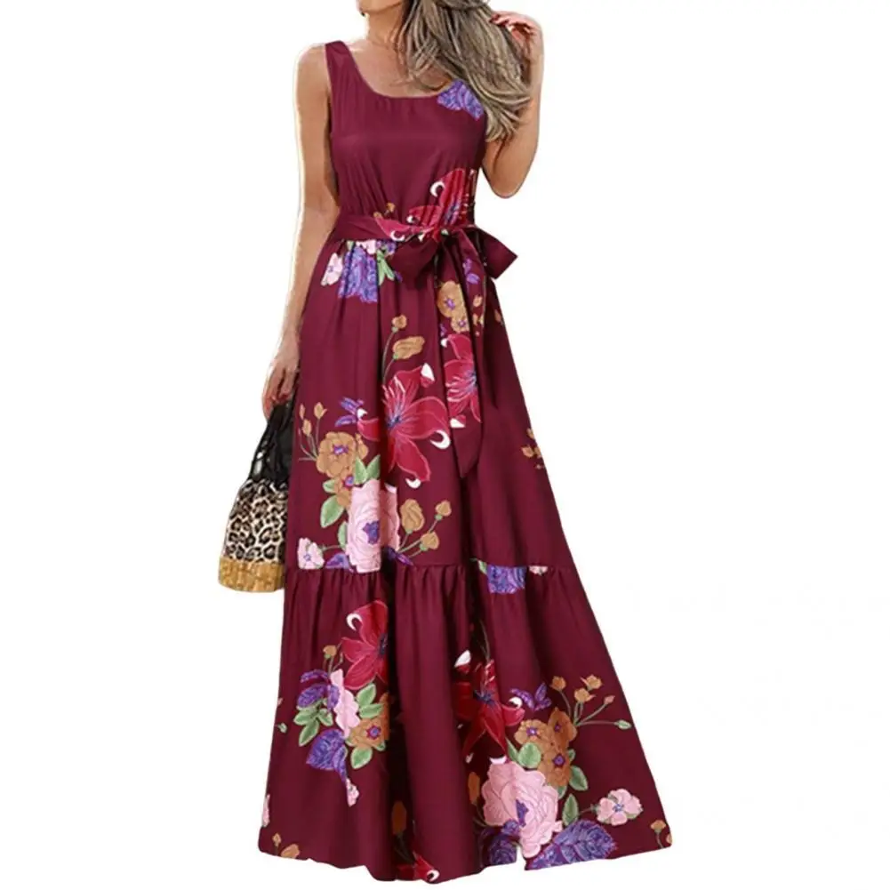

Party Dress Round Neck Maxi Dress Tight Waist Artistic Pattern Summer Dress