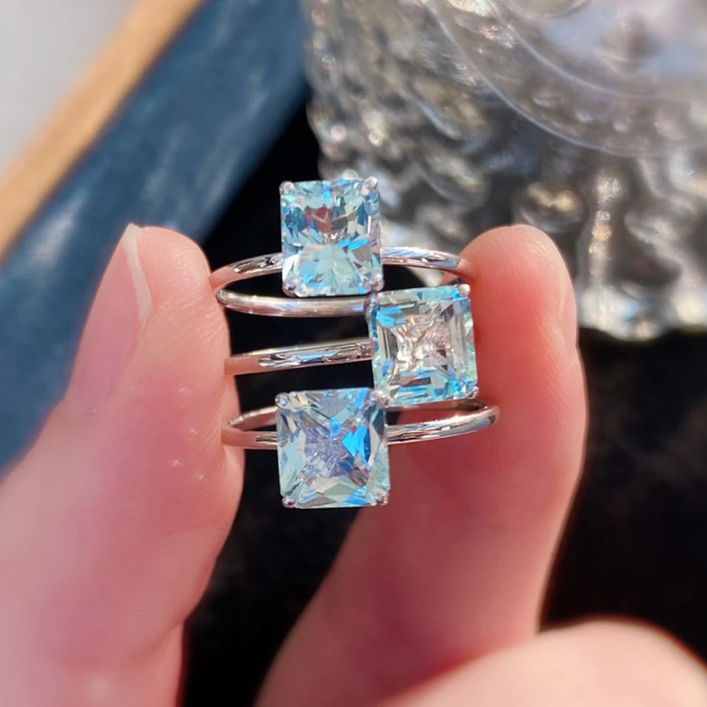 

WPB 925 Sterling Silver Ring Zircon Blue Square Diamond Ring Ladies Index Finger Luxury Jewelry Gift Office Party Banquet