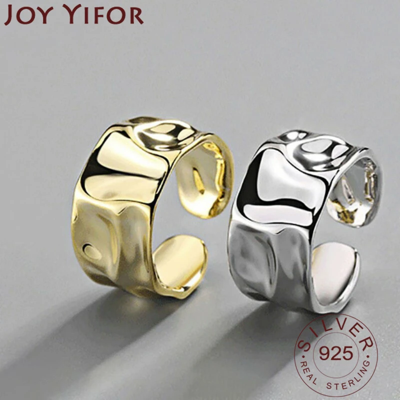 

925 Sterling Silver Irregular Handmade Ring for Women Creative Geometric Wide anillos Jewelry Gift Size 16.5mm Adjustale