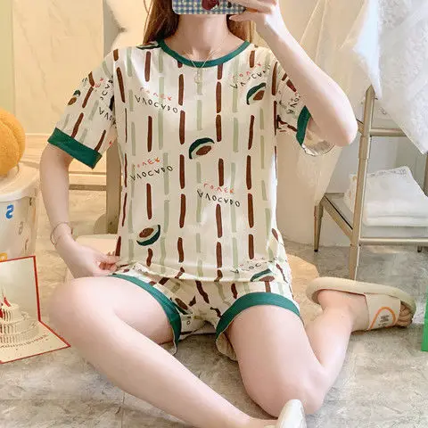 Pajamas Women's Summer Short Sleeve New Student Two Piece Set Large Size Cute Cartoon Thin Style Outwear Home Furnishing