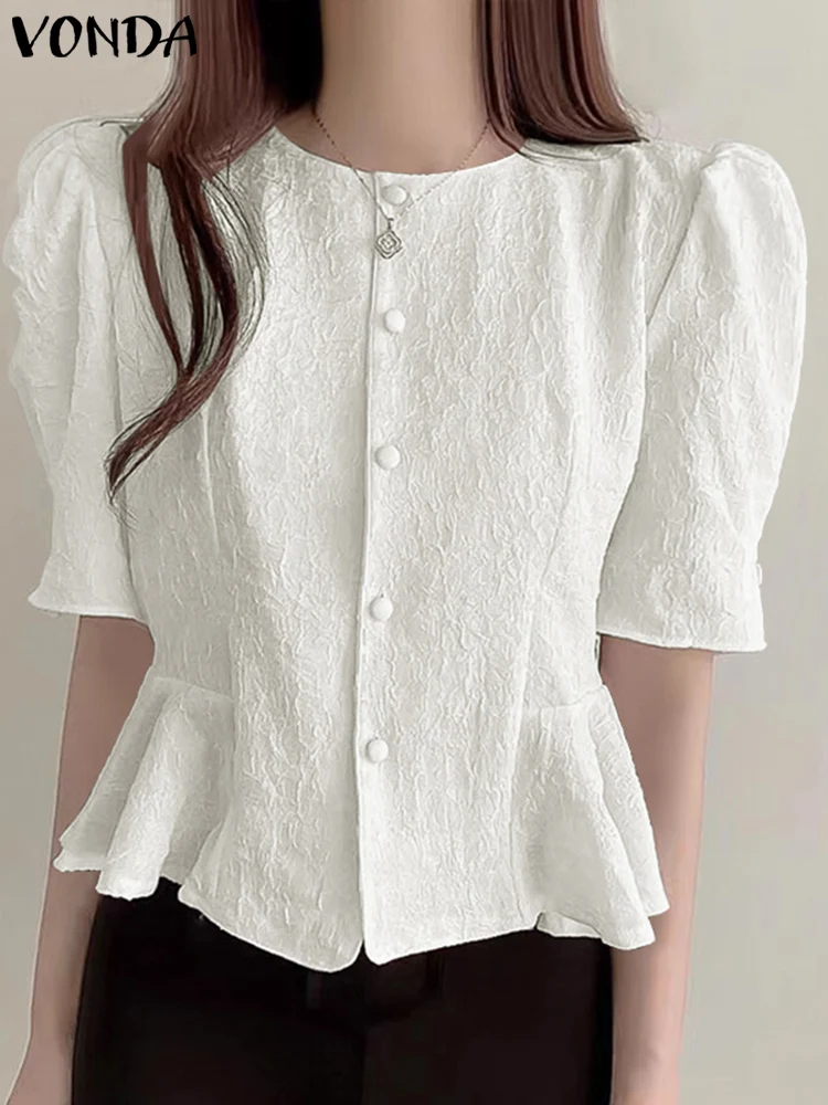 

2023 VONDA Casual Shirts Summer Women Short Puff Sleeve Solid Color Ruffled Tops Loose Buttons Elegant Blouse Blusas Femininas
