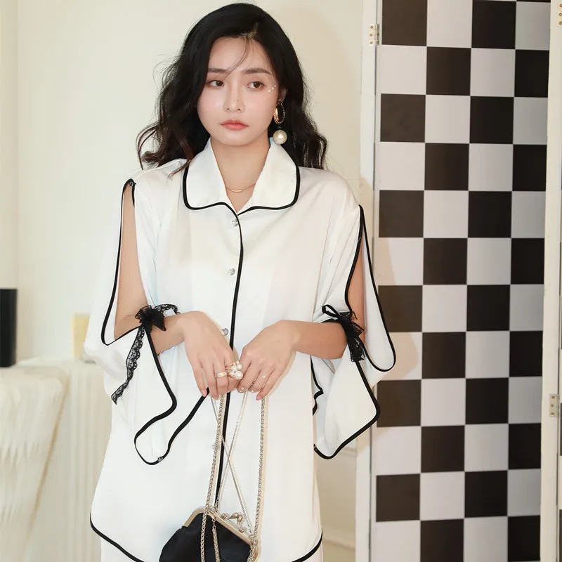 

new pajamas women's long-sleeved hollow solid color long-sleeved two-piece set sleepwear سكسي نيك sleep wear