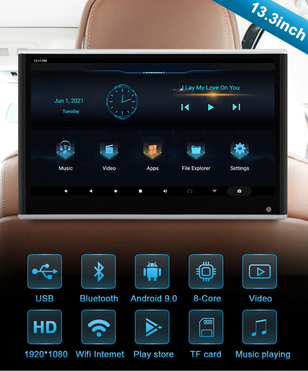 

4K HD дисплей подголовника автомобиля 13,3 дюймов 1080P сенсорный экран Android 9.0 WIFI/Bluetooth/USB/HDMI/SD/FM/MP5 видеоплеер 2 + 32G