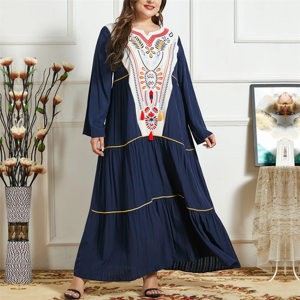 Мусульманское платье, женское Рамадан, модное этническое вышитое Повседневное платье с длинным рукавом, большие свободные платья, Макси-пл...