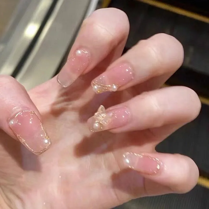 

24p butterfly decorated false nails with glue ballet pink fake nails with designs press on acrylic nails coffin nail patches