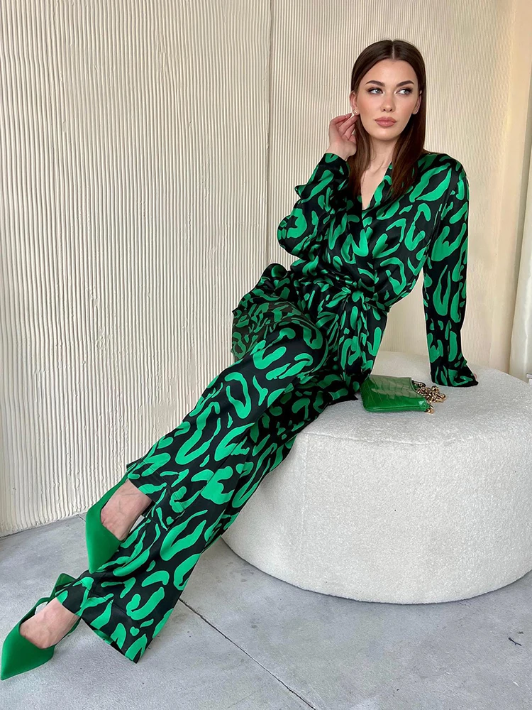 

Hiloc Fashion Print Women's Winter Pajamas Long Sleeve Sets For Women 2 Pieces Sleepwear With Belt 2023 New In Matching Sets