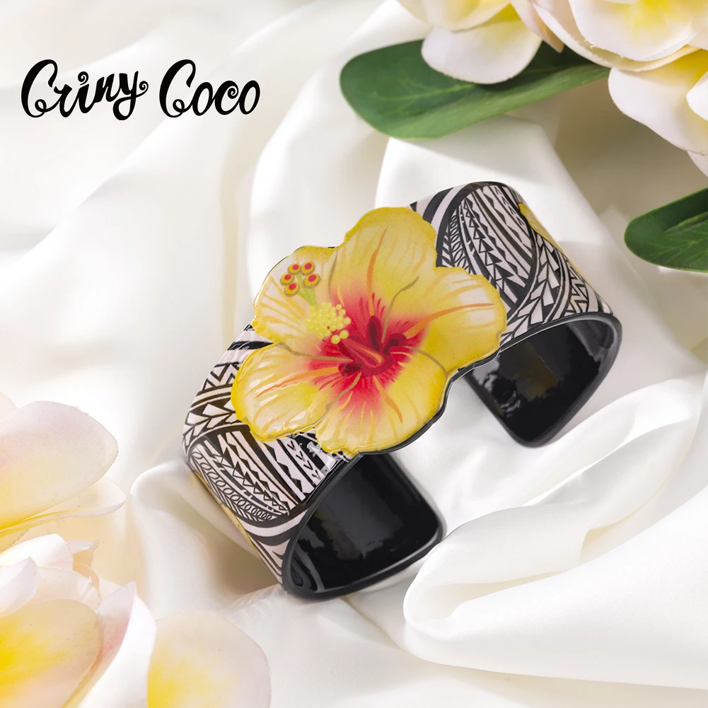 

Cring Coco Hawaiian Designer Women's Bracelet Jewelry Hibiscus Flowers Bangles Hard Acrylic Bracelets Bracelet for Women Gifts