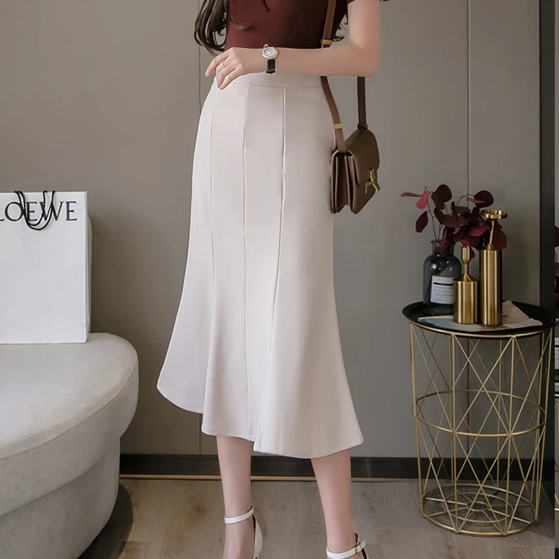 

Women Temperament Casual High Waist OL Style Elegant Hip Skirts Spring Petal Split Intellectual Mermaid Midi Long Skirt Female