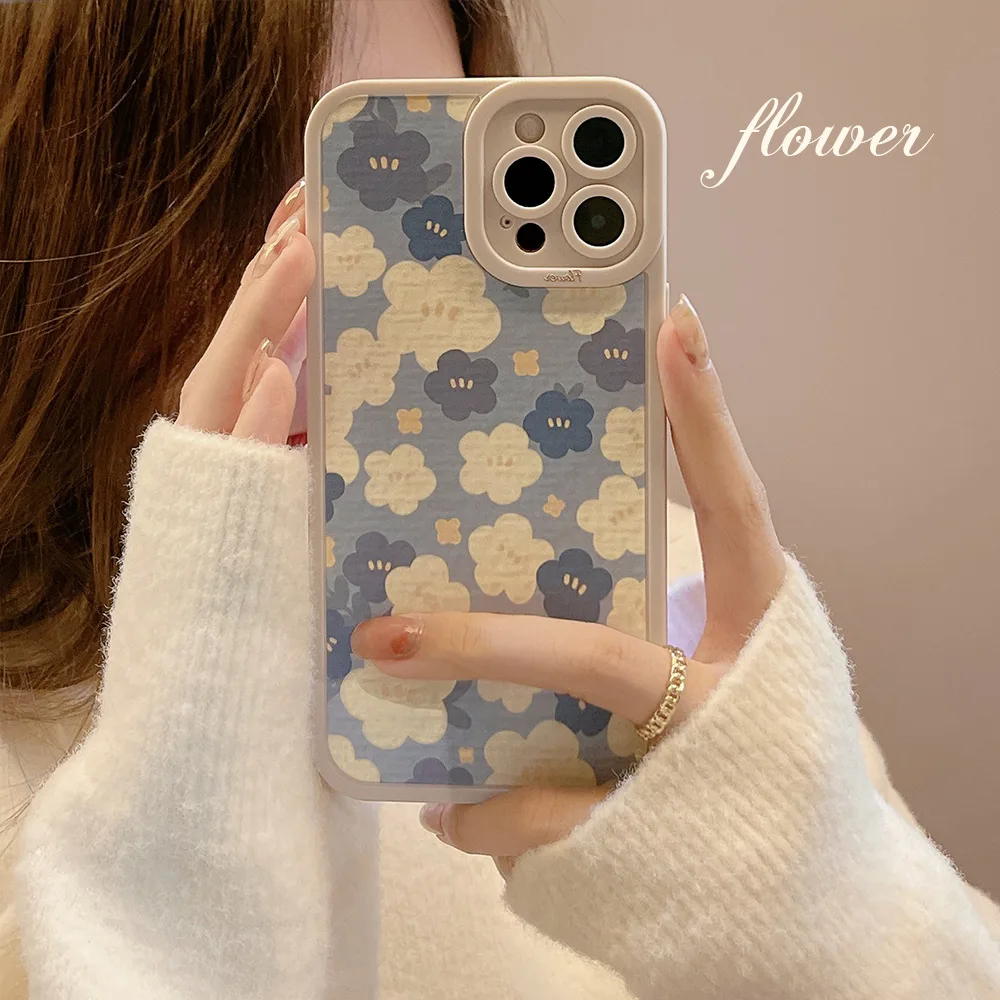 

Retro sweet girls art Flowers Floral Phone Case For iPhone 13 12 11 Pro Max Xs Max XR X 7 8 Plus Lens Protection Case Cute Cover