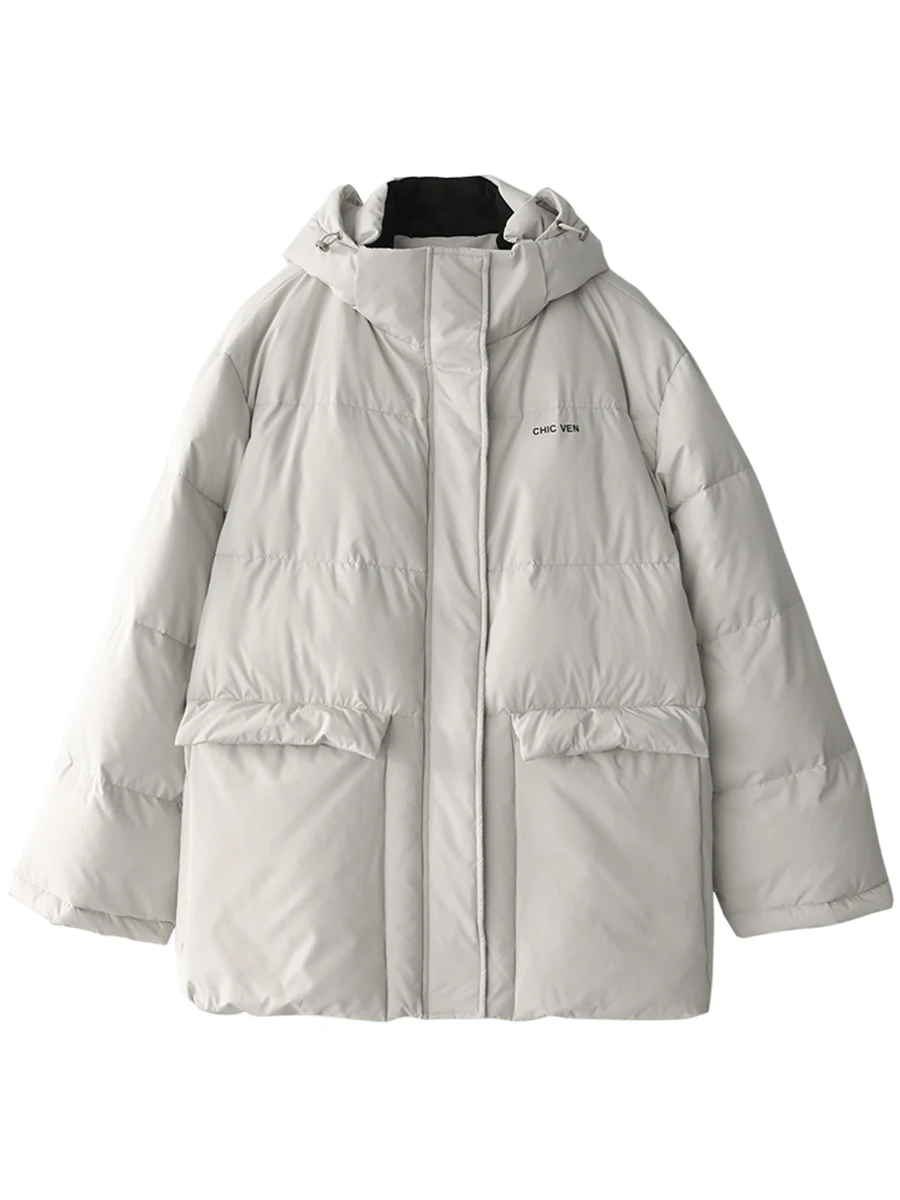 CHIC VEN Women's Down Coat Contrast Collar Solid Thick Detachable Hooded 90 White Duck Down Down Jacket Winter 2022