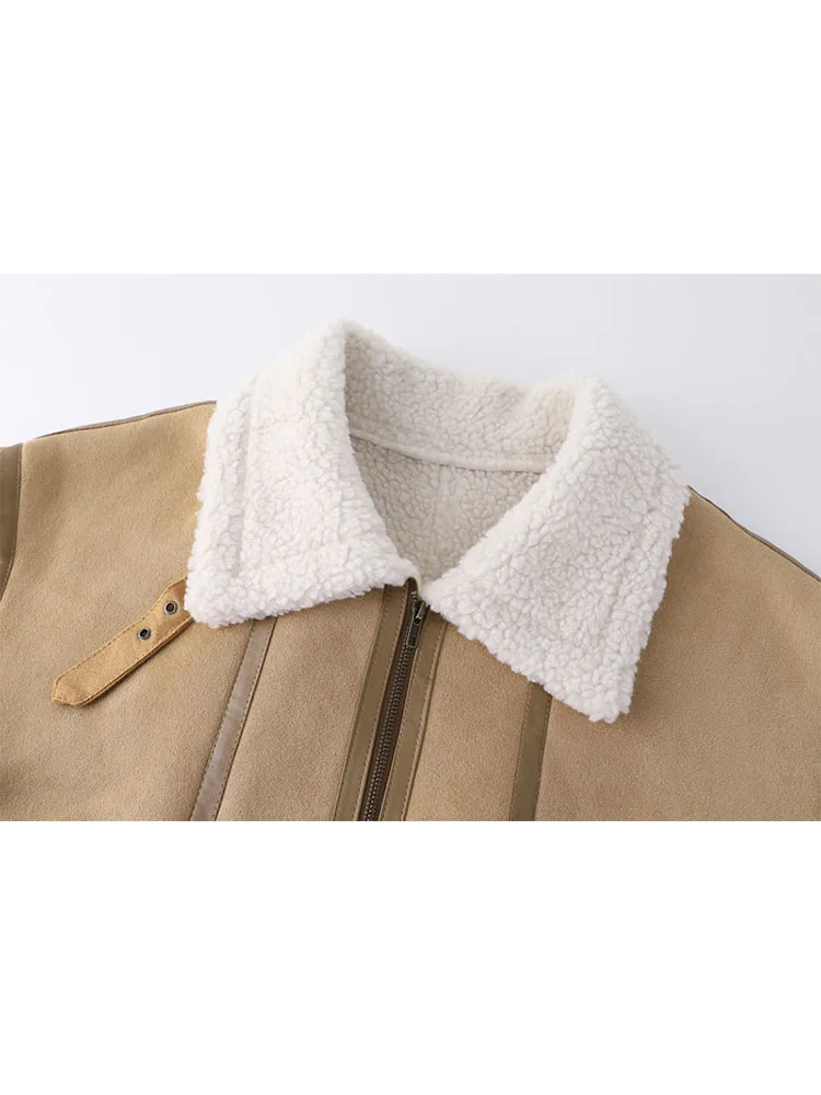 MOLAN Winter Woman Warm Overcoat Fashion Leather Patchwork Loose Long Sleeve Locomotive Coat Zipper Female Chic Outwear