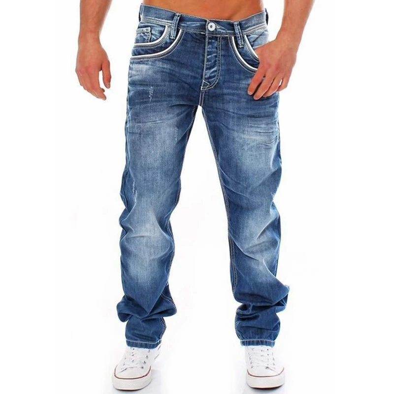 Men Jeans Streetwear Vintage Jeans Summer Zipper Solid Loose Pockets Jeans Men Button Mid-Waist Denim Straight-Leg Pants