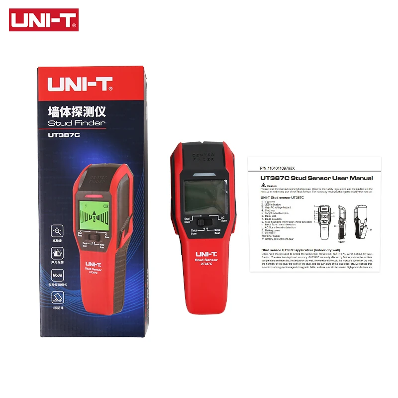 UNI-T UT387C Детектор скрытой проводки и металла 4-в-1: измерение напряжения переменного тока, поиск проводки под напряжением, обнаружение деревянных стоек, медных проводов, ЖК-дисплей, зуммер, калибровка A639 (art.: 3920dc8eb7c2c) - 3920dc8eb7c2c
