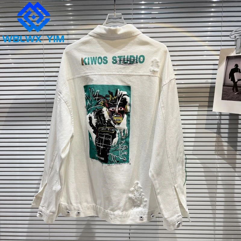 

Cartoon Graffiti Jeans Jacket Women Hole Fashion Letter Embroidery Long Sleeve Denim Jacket Women Loose Jeans Coat Streetwear