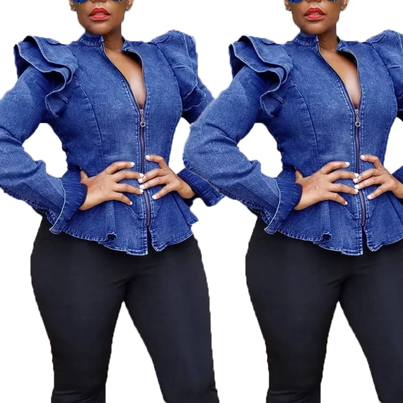 

Fashion Ruffled Jackets Women 2022 Europe America Indie Style Hot Sale Long Sleeve Zipper Denim Jacket Streetwear Coat Slim Fit
