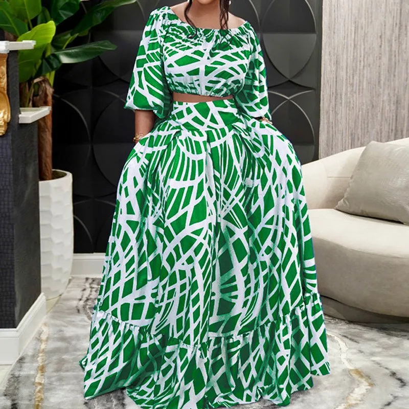 

Summer Elegant Two Pieces Sets 2023 New in Women Half Sleeve Polyester Printing Top and Long Skirt Suit Female Loose Dress Sets