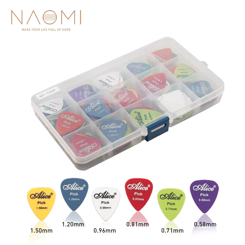 

NAOMI 180pcs Colorful Plastic Acoustic Electric Bass Guitar Picks Pick Plectrum Various Colors 6 Thickness + 15 Grid Case