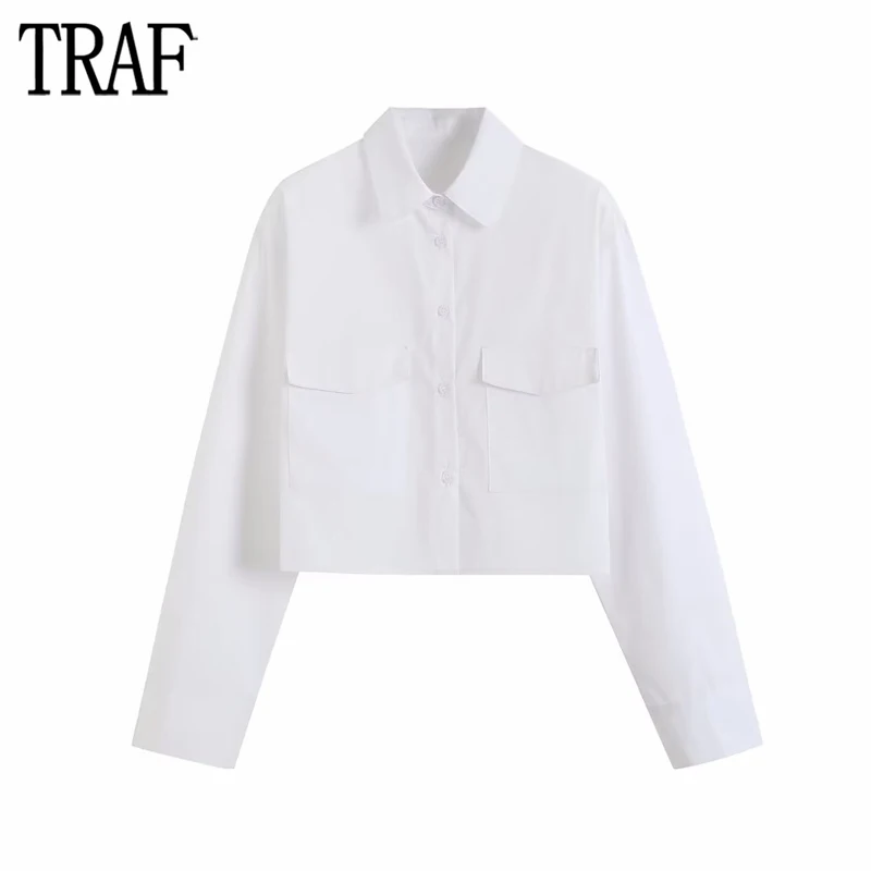 

TRAF White Cropped Shirts for Women Pocket Button Up Shirt Woman Long Sleeve Crop Top Female Collared Shirts and Blouses Women