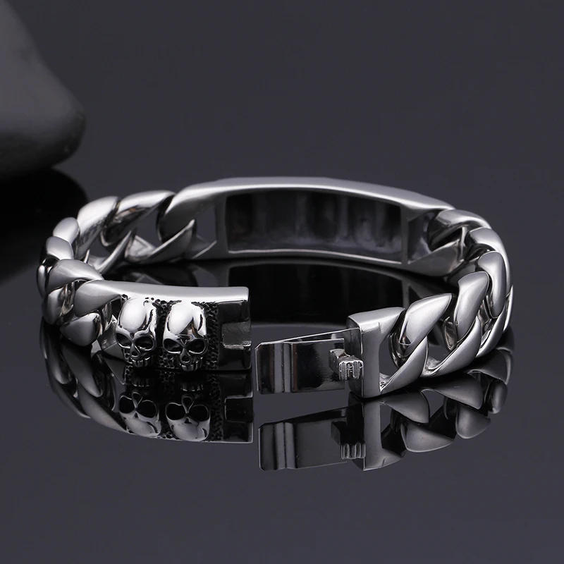 

Stainless Steel Chunky Chain Skulls Cross Pattern Bracelet For Men Silver Hip Hop Jewelry