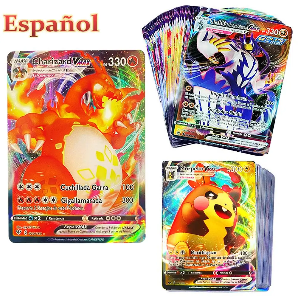 60-12Spanish Pokemon Cards 100 Vmax 50EX Spain Pokmon Pikachu MEGA Display Shining Card Childer Game Battle Tag Team Toys  - buy with discount