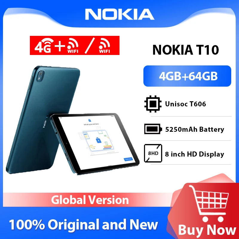 Global Version Nokia T10 Tablet PC 4GB RAM 64GB ROM 4G WiFi Unisoc T606 Processor 8.0 inch Display 5250mAh 8MP Camera Android 12