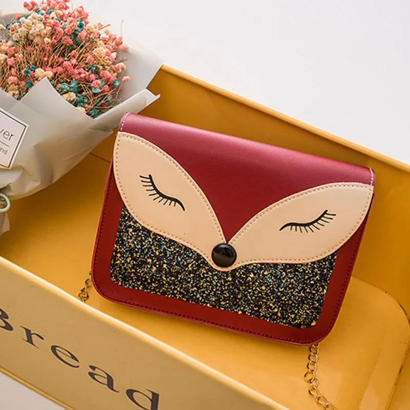 

Ladies Cute Fox Print Fashion Crossbody Shoulder Bag With Chain Strap Contrast Color Sequins Decorated Mini Square Clutch Wallet