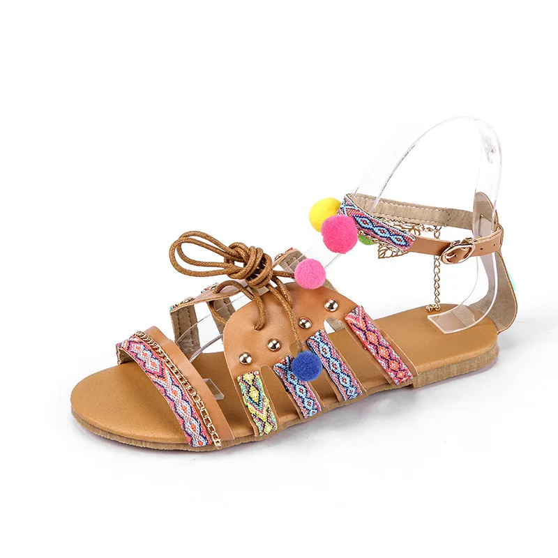

Women's Sandals Rhinestone Pearl Sandals Beaded Bohemian Puff Ball Flat Roman Sandals Open Toe Shoes Shoes Sandals Women Sandals
