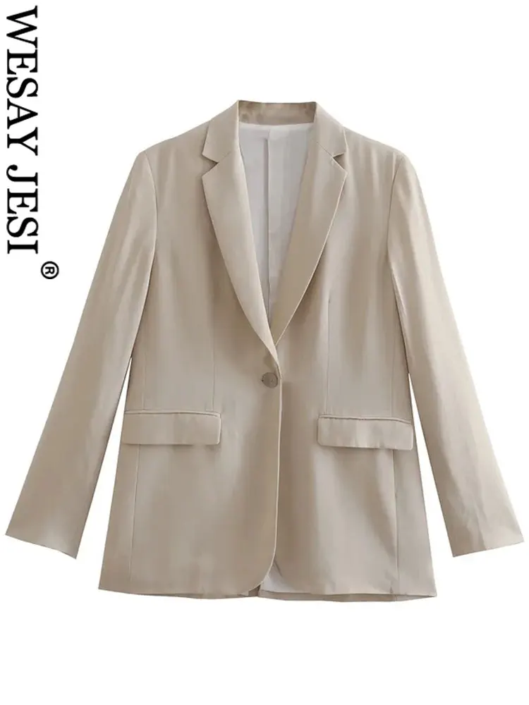 

WESAY JESI Commuter Office Suit Jacket Single Button Casual Flip Long Sleeve Temperament Loose Solid Color Light Brown Blazer