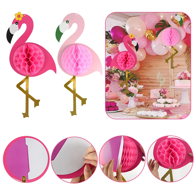 

1pc Pink Flamingo Honeycomb Ball Paper Flowers Hanging Pendant For Tropical Hawaiian Theme Birthday Party Decor Wedding Supplies