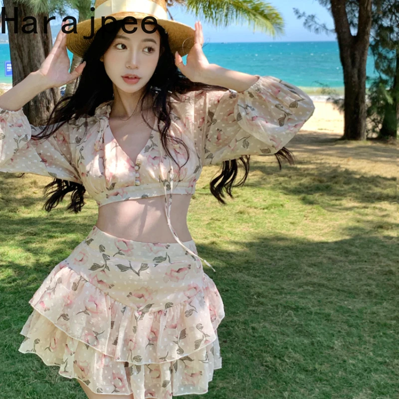 

Harajpee Chiffon Shirt V Neck Backless Sexy Printing Pullover +Mini Skirt Slim Waist Ins Korean Chic Spring Summer New 2022