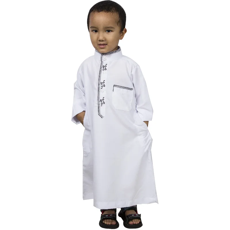 Boys Muslim Kaftan Embroidered Robe Kids Middle East Saudi Arabia Dubai Eid Prayer Dress Blouse Islamic Clothing
