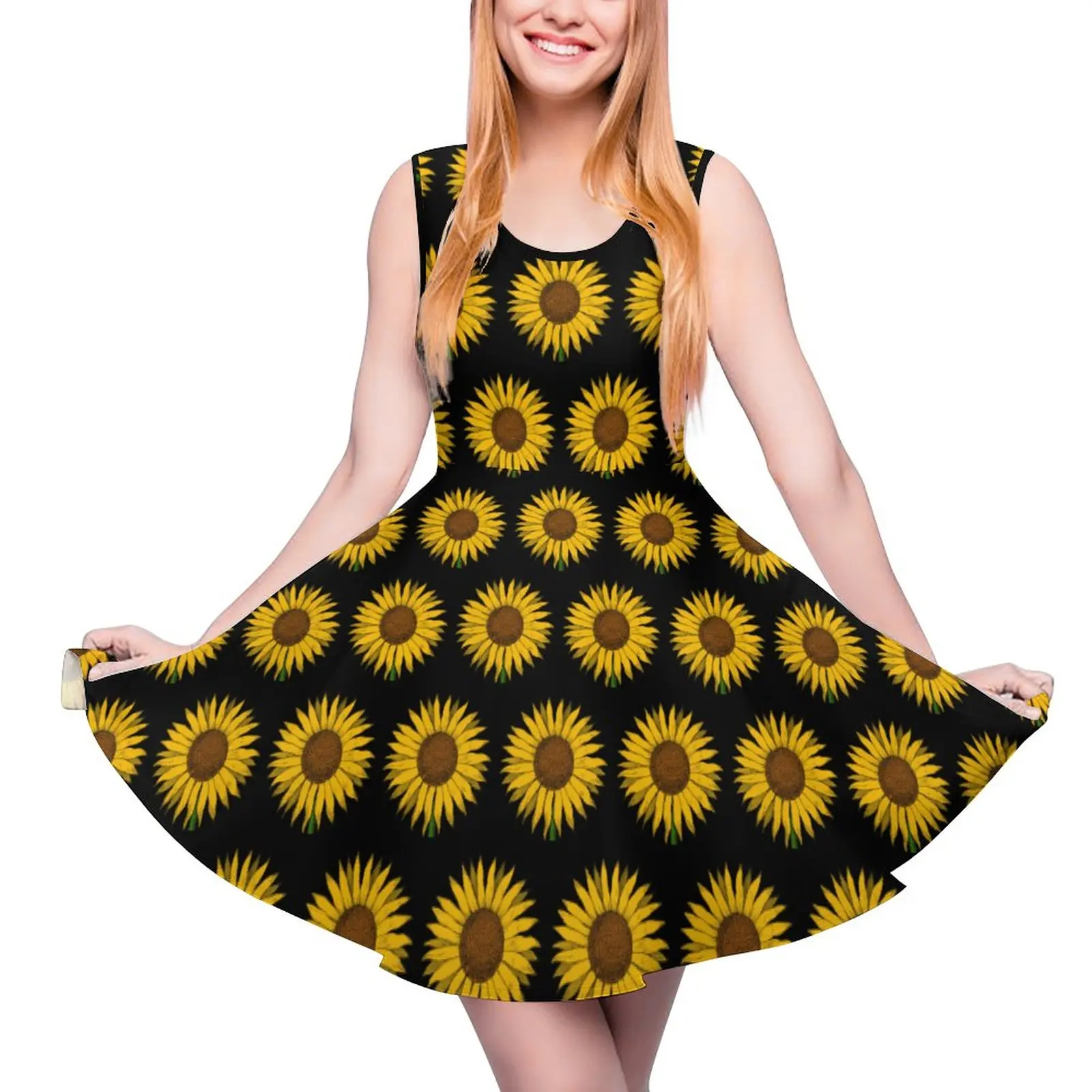 

Yellow Flower Dress Sunflower Print Beach Dresses High Waist Korean Fashion Skate Dress Woman Custom Clothing Birthday Gift
