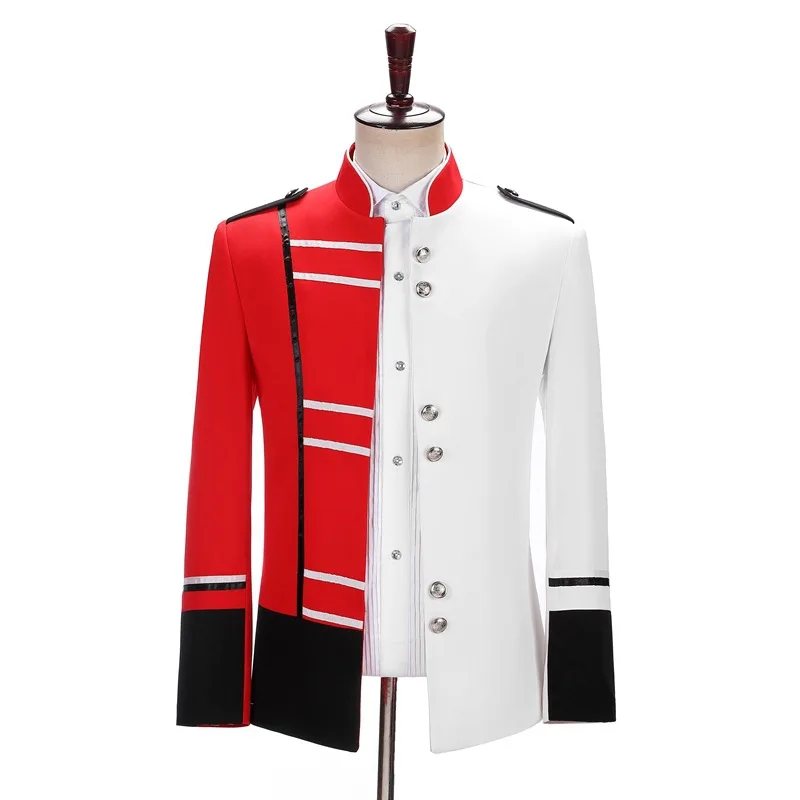 

Men Splice Design Red White Stand Collar Blazers European Court Stage Military Uniform Costume Bar Singer Host Performance Coat