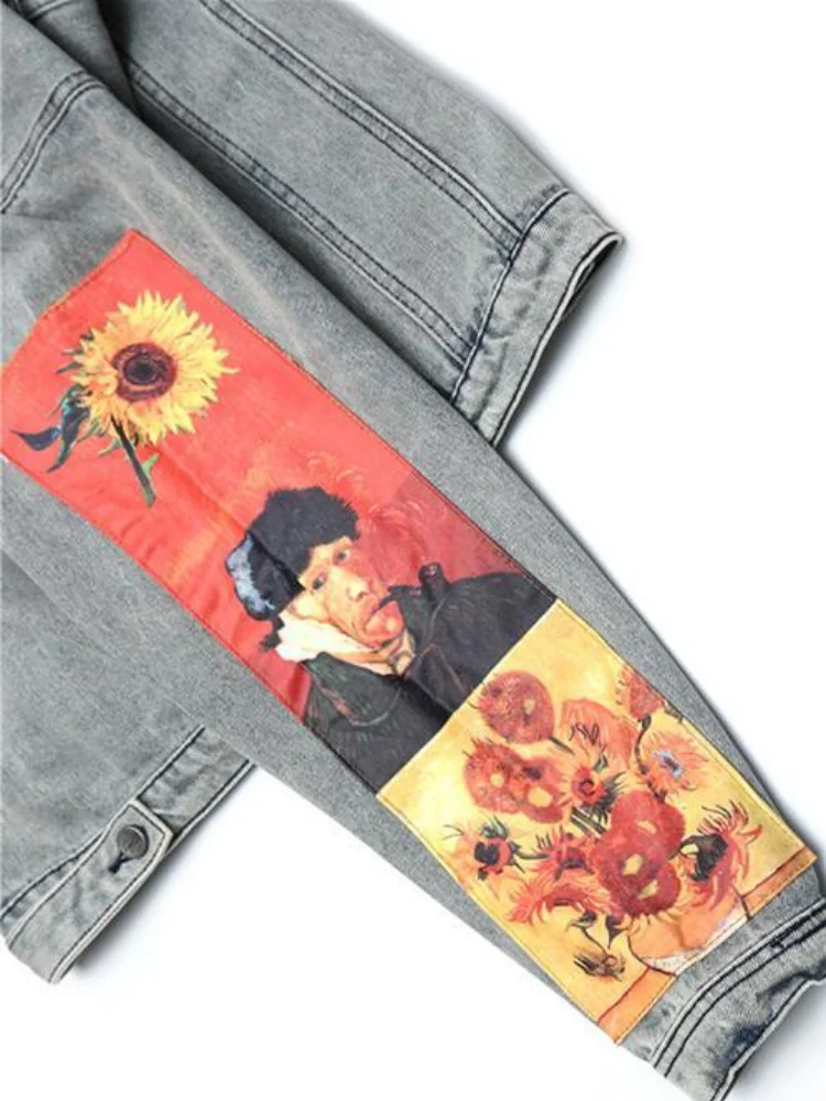 Мужская джинсовая куртка с нашивкой Ван Гога однобортная Повседневная вышивкой