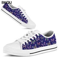 bkqu vulcanized sneakers wwomen 2022 new fashion low top canvas shoes lace up flats dark blue butterfly pattern