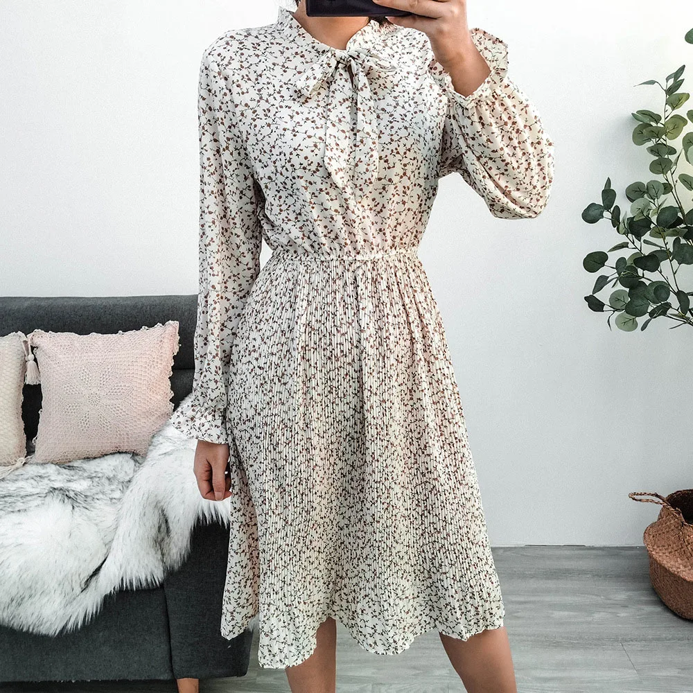 

Женское платье принцессы с бантом, Элегантное повседневное офисное платье с поясом, круглым вырезом и длинным рукавом, одежда для работы, ве...