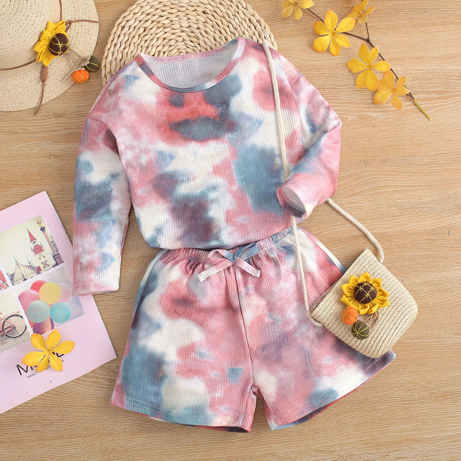

2-6Y Kids Girls Tie-dye Waffle Costume Outfits O-neck Long Sleeves T-shirt and Shorts Set Children Casual Clothing Sportswear