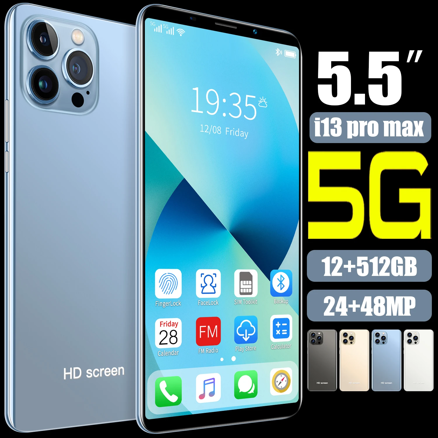 I13 Pro max Global version mobile phones 12GB+512GB 5.5 inch smartphones Dual SIM telephone 5800mAh cellphones 24+48MP Phones