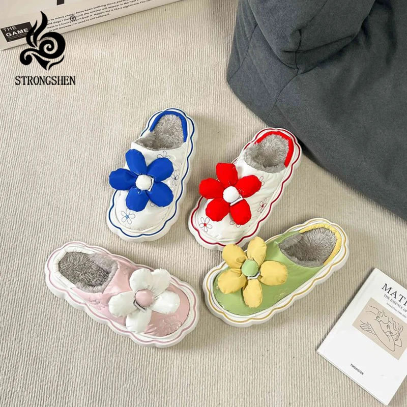 

STRONGSHEN Women Thick Sole Flowers Cotton Slippers High Quality Fashion Winter Warm Waterproof Comfortable Home Cotton Shoes